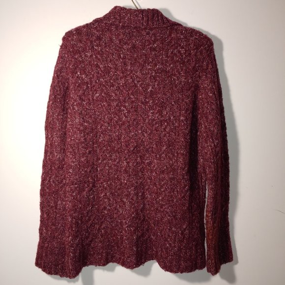 LL BEAN Wool Blend Button Down Collared Cable Knit Cardigan  Size M Wine… - Picture 2 of 5